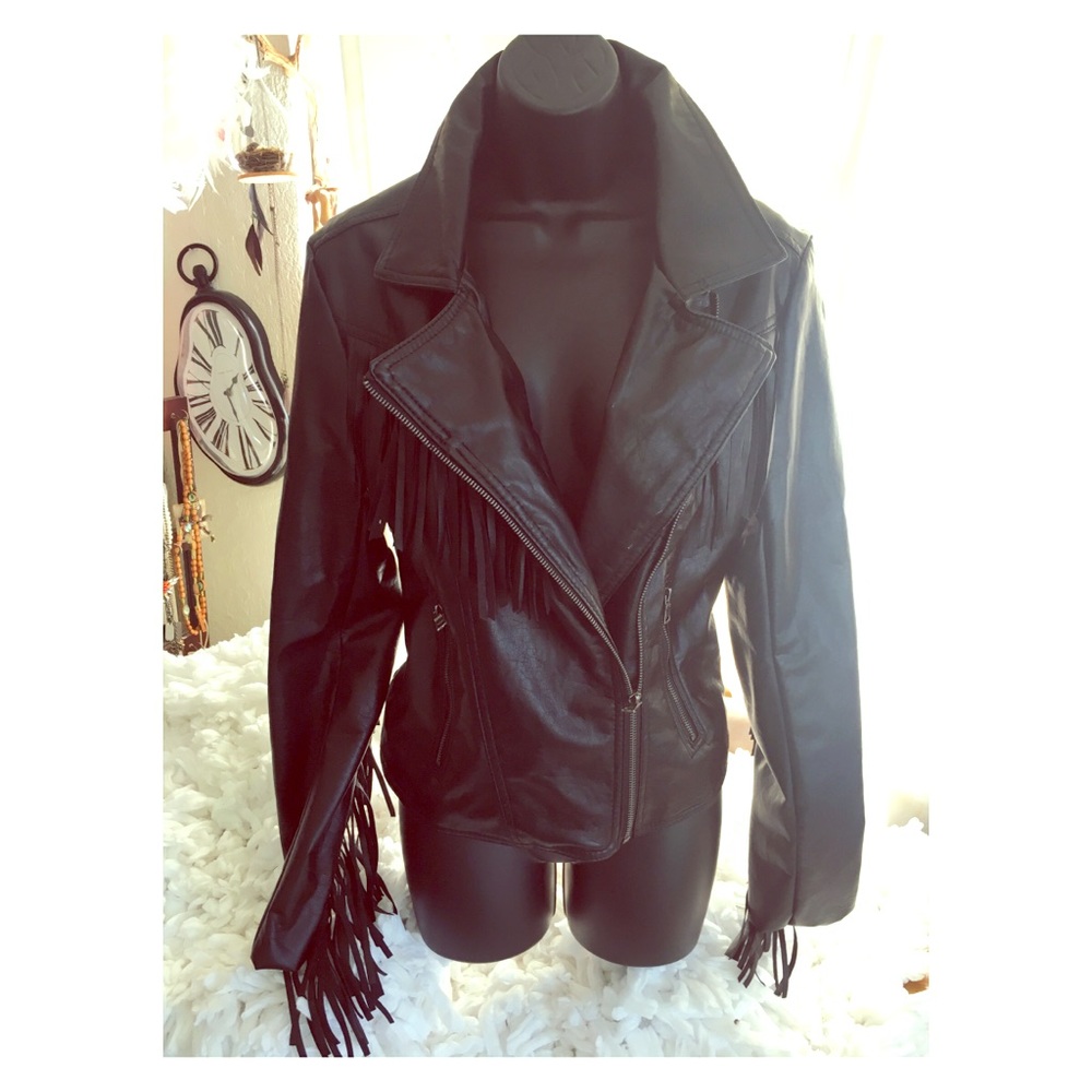 Faux leather fringe black jacket NEW